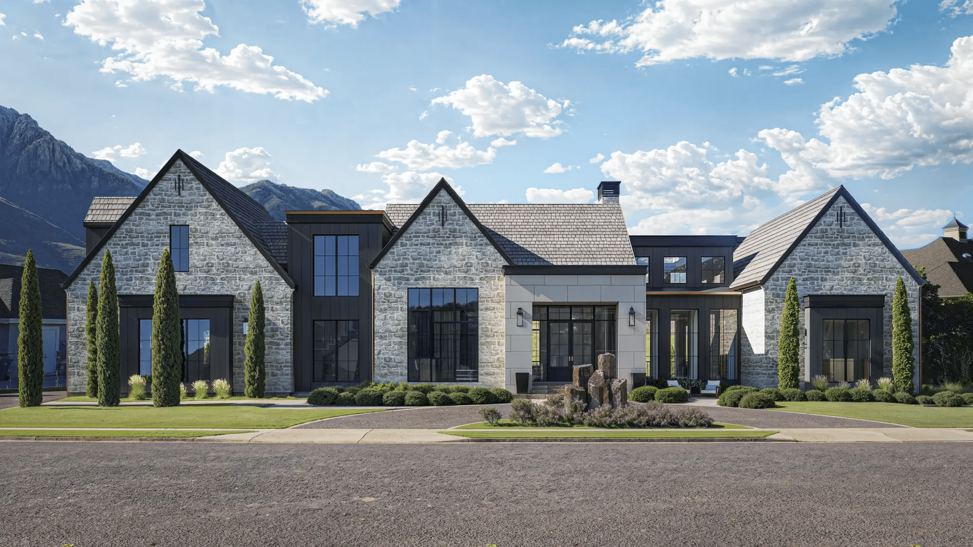 Custom home featuring gray stone in Utah by E Builders