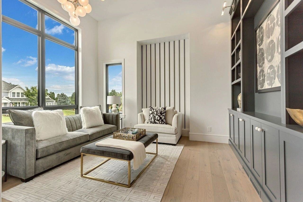 Living room in custom home in Utah by E Builders