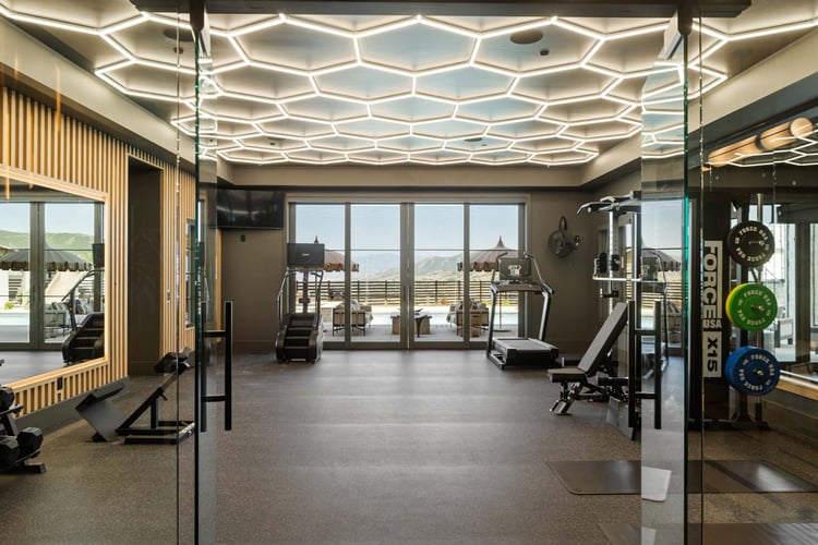 State-of-the-art home gym with honeycomb ceiling lights and outdoor views in custom home Room with a View featured in the 2025 Utah Valley Parade of Homes by E Builders