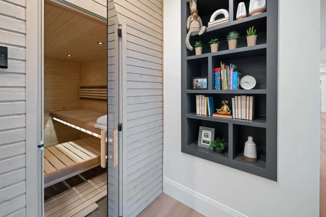 Scandinavian-style home sauna and reading nook in a custom home in Utah Valley by E Builders