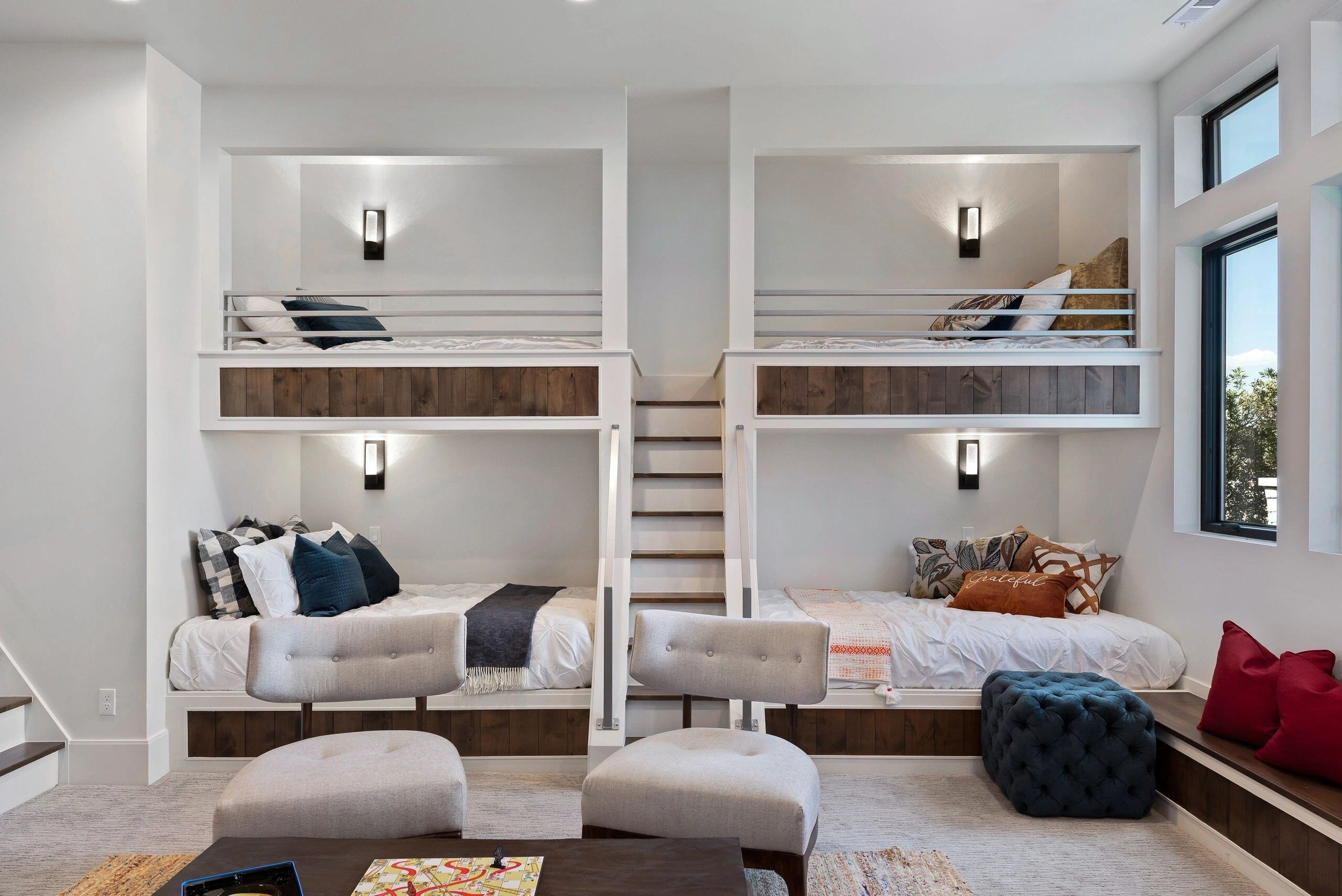 Cozy kids’ room with modern built-in bunk beds in a custom home in Park City, Utah by E Builders