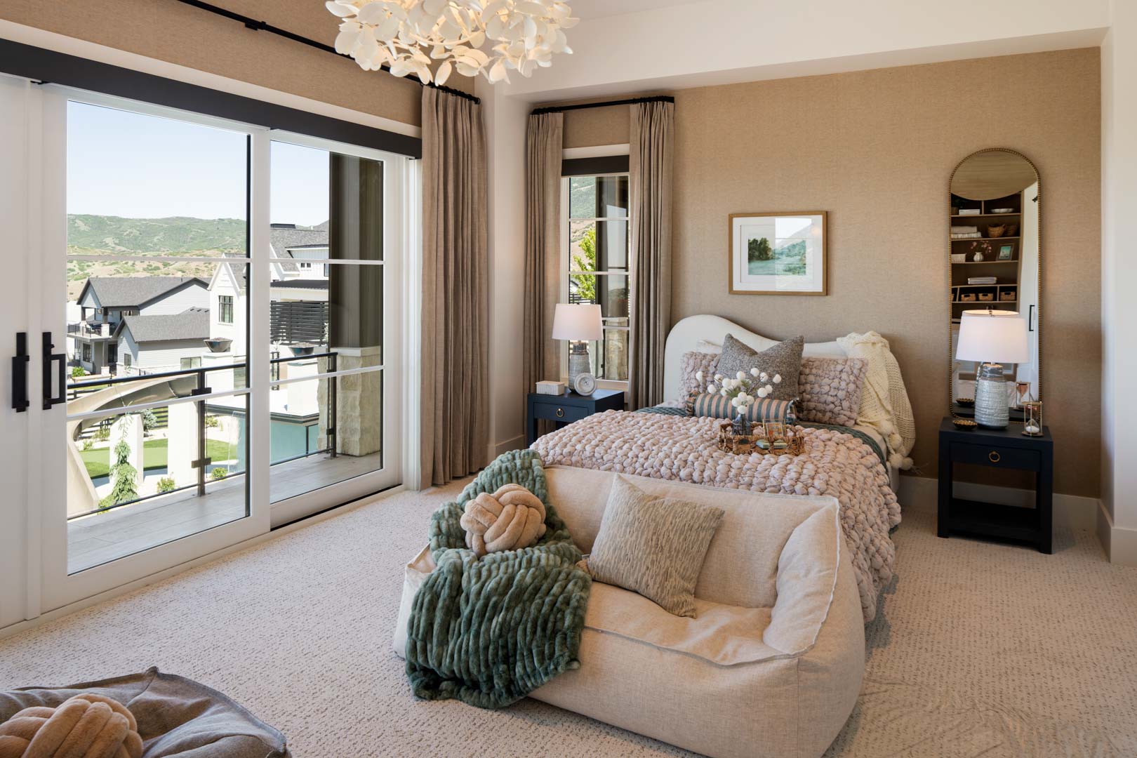 Cozy kids’ bedroom with pastel bedding and floor seating in custom home Room with a View featured in the 2025 Utah Valley Parade of Homes by E Builders