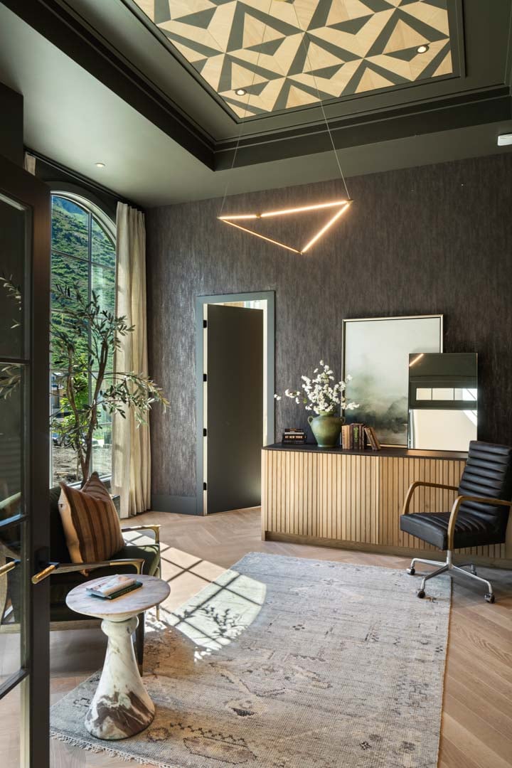 Office space with contemporary design and natural materials in custom home Room with a View featured in the 2025 Utah Valley Parade of Homes by E Builders