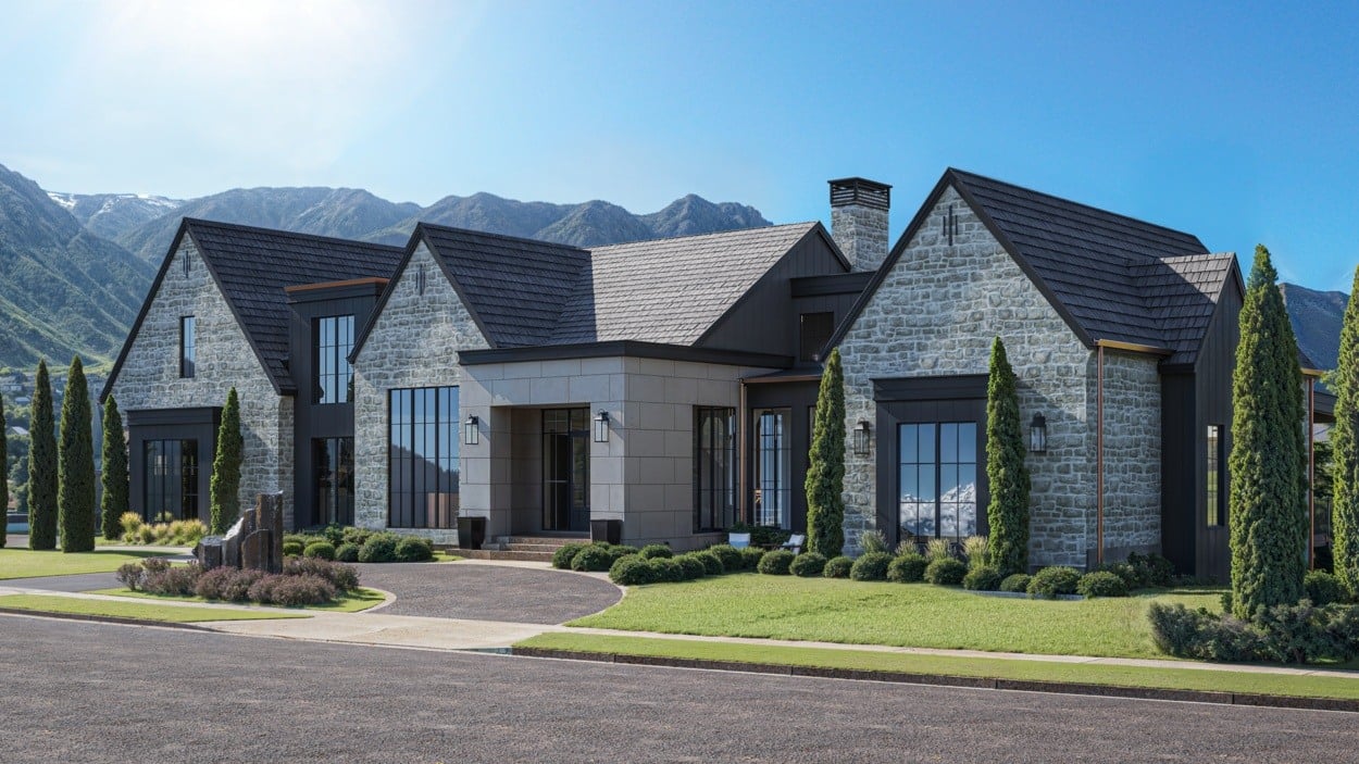 Modern estate with a circular driveway and tall cypress trees, featured by E Builders in the 2025 Utah Valley Parade of Homes
